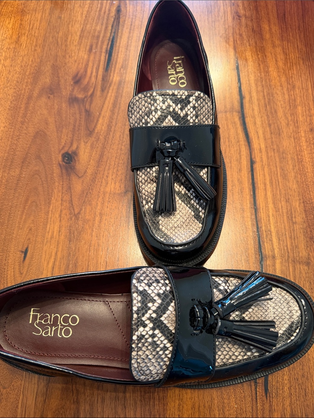 Franco Sarto Black Patent & Snake-Print Tassel Loafers